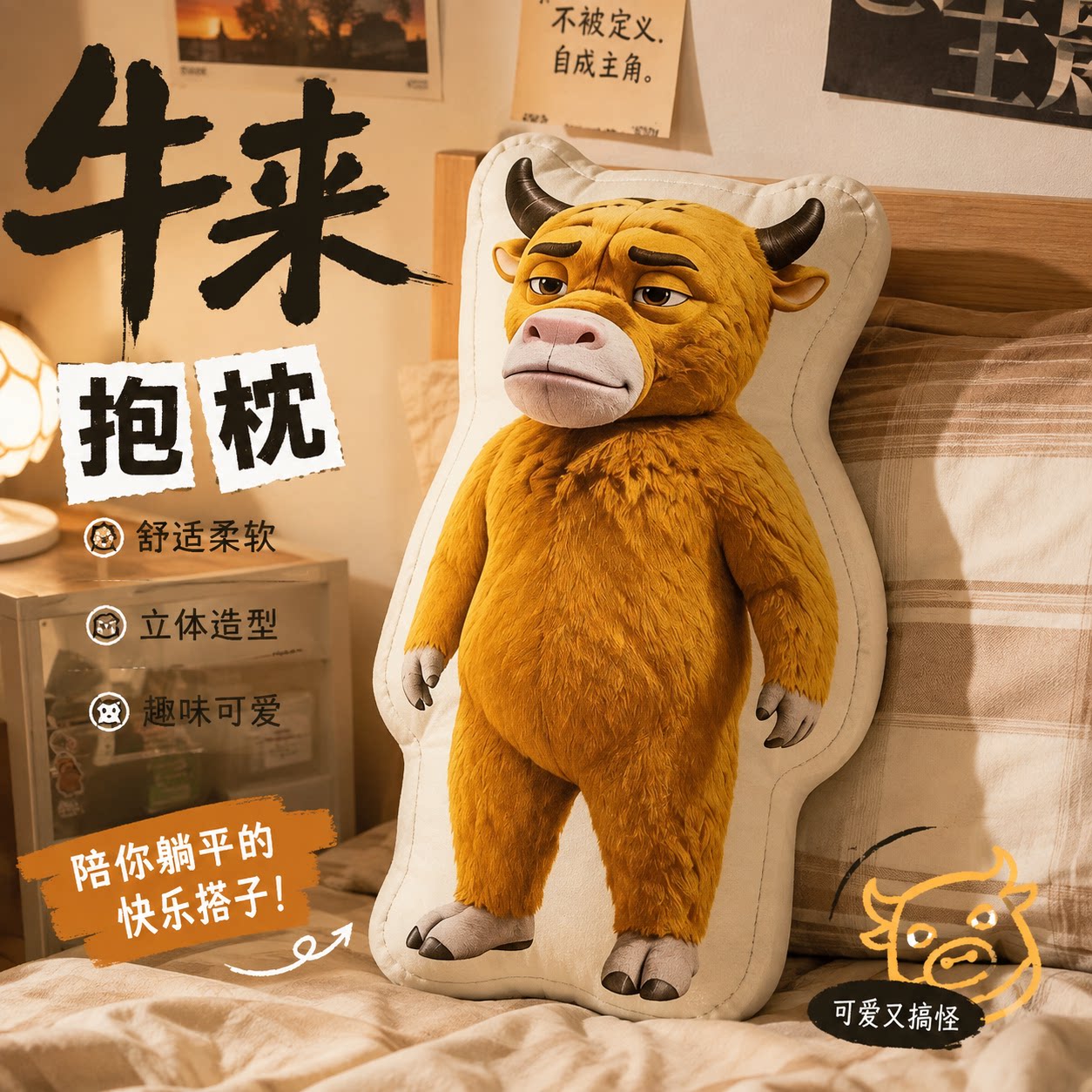 牛来抱枕抽象小黄牛靠枕图片