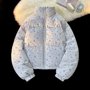 小碎花棉服女款2025新款冬季短款韩系加厚保暖宽松立领面包服外套