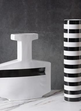 现代简约北欧极简黑白条纹陶瓷花瓶摆件家居样板间餐厅软装饰品