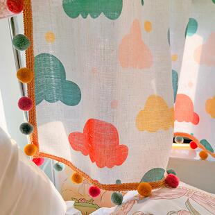 儿童房纱帘魔术贴自粘式透光不透人隔断门帘卡通亚麻窗帘遮挡帘