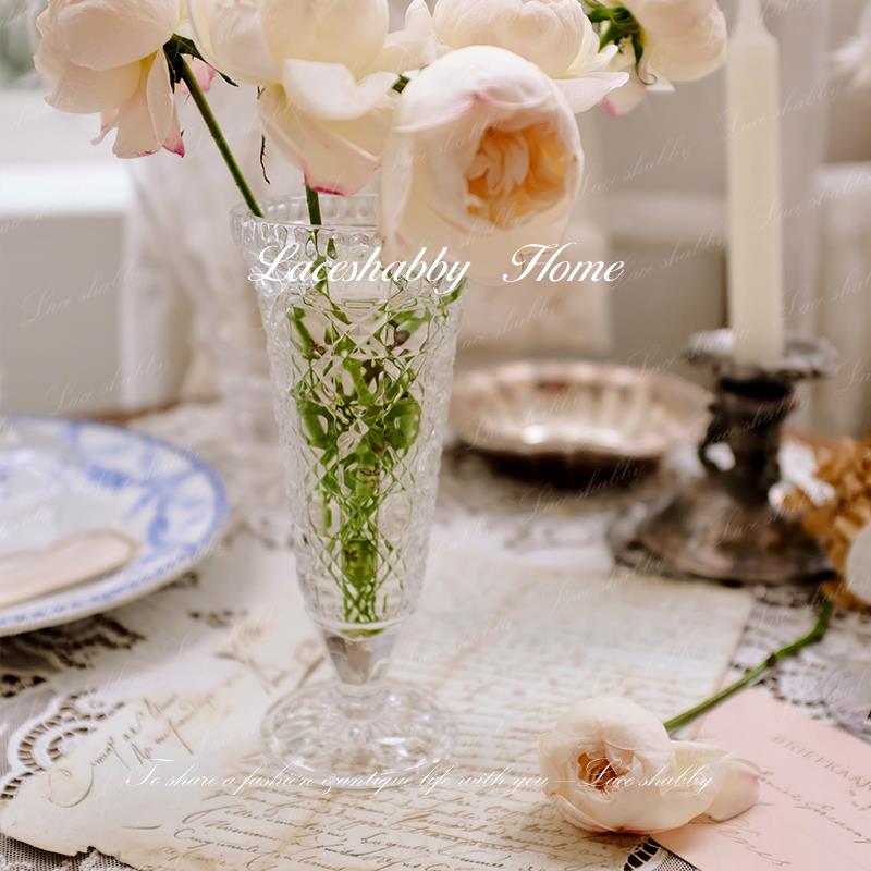新款LACESHABBY欧式覆古高透水晶玻璃格纹浮雕高脚台面花瓶花器