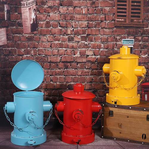 复古铁艺工业风创意个性消防栓大号带盖脚踩金属垃圾桶客厅户外筒