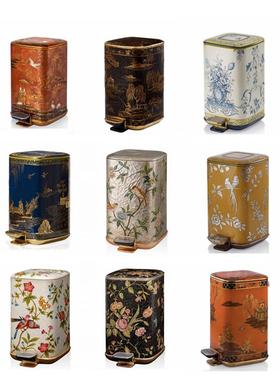 高端档欧美法式奢华手绘垃圾桶别墅金箔复古典装饰脚踏翻盖垃圾箱