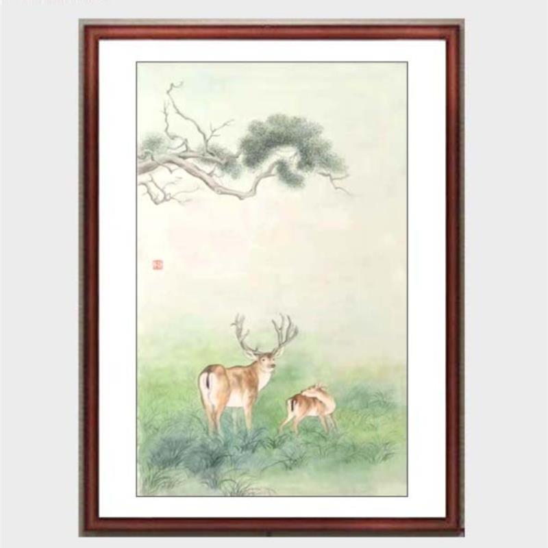 工笔手绘玄关壁装饰国字画梅花鹿挂书房办公室竖条中堂沙发墙拍卖图片