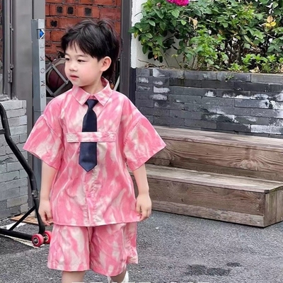 2025新潮牌粉色雪纺衬衣短裤中小男宝炸街痞帅夏装时髦洋气酷薄款