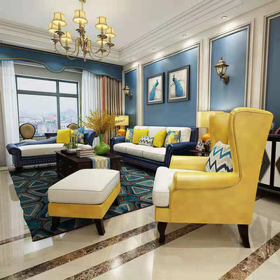 轻奢美式沙发皮布结合乡村地中海风格三人老虎椅高端小户型客厅