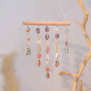跨境小木棒七彩原石挂饰水晶石风铃客厅墙面装饰挂件水晶太阳捕手