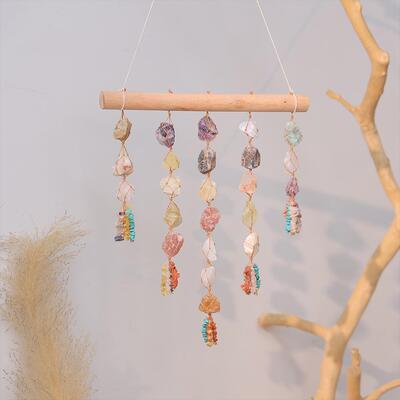 跨境小木棒七彩原石挂饰水晶石风铃客厅墙面装饰挂件水晶太阳捕手