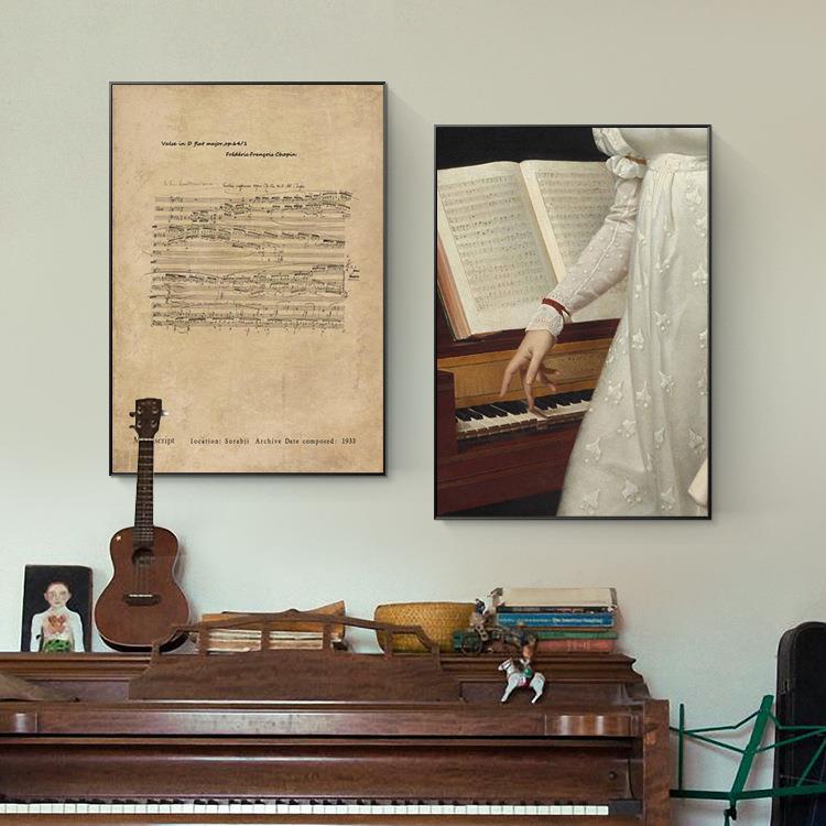 北欧风复古法式钢琴房挂画音乐教室肖邦琴谱装饰画书房玄关柜壁画