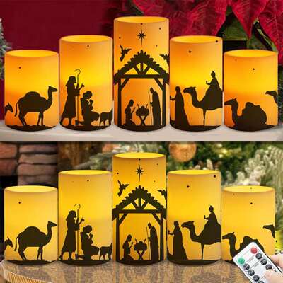 5件套复活节Nativity图案印花蜡烛圣诞节降生场景柱状蜡烛灯