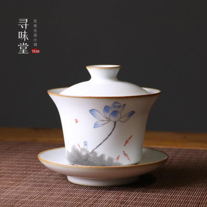 月白汝窑戏荷盖碗｜复古三才碗荷趣开片汝陶茶碗陶瓷家用功夫茶具