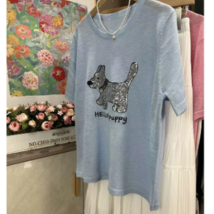蓝色正肩圆领短袖 上衣840 t恤女夏夏季 冰爽丝设计感小众独特针织衫