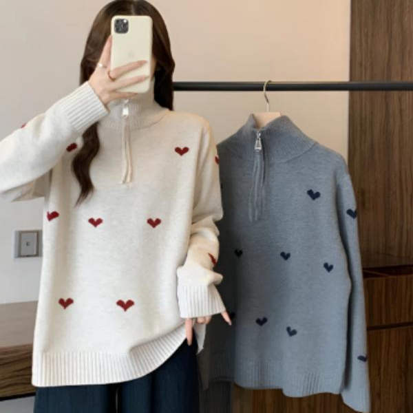 秋冬大码女半开拉链爱心针织衫