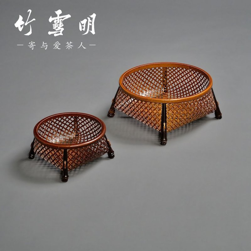 竹雪明|手工竹编茶杯篓竹篮中式复古圆口收纳筐手工编织镂空篮子