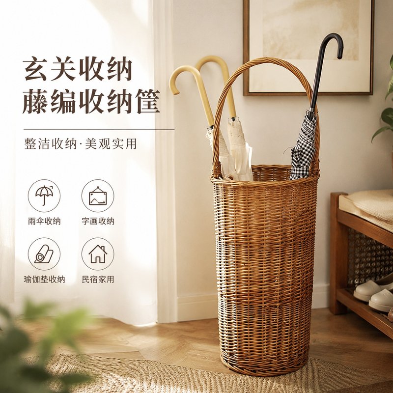 玄关雨伞收纳藤编收纳筐收纳架入户门字画瑜伽垫收纳篮民宿家用