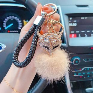 时尚水貂毛镶钻挂件创意水晶狐狸头钥匙链女神网红汽车礼品钥匙扣