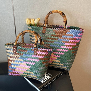 彩色手工编织包包新款流行菜篮子手拎包大容量沙滩度假托特饭盒包
