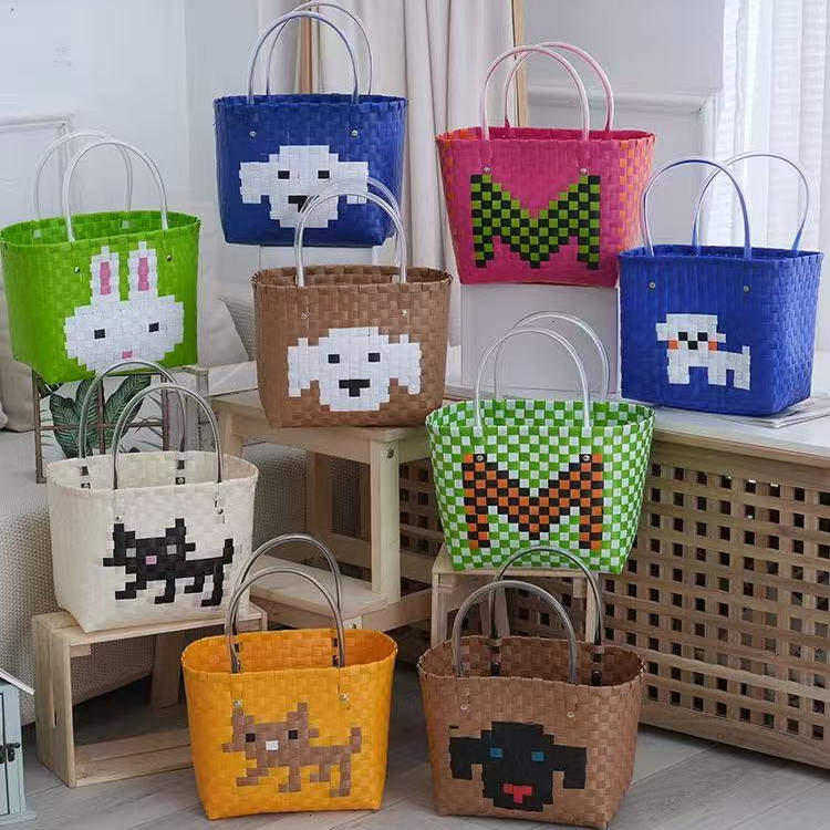 卡通菜篮子手提包挎包手工编织包购物包彩色大号塑编包伴手礼包包,箱包皮具/热销女包/男包,托特包,淘宝优惠券,粉丝福利购,淘宝优惠卷