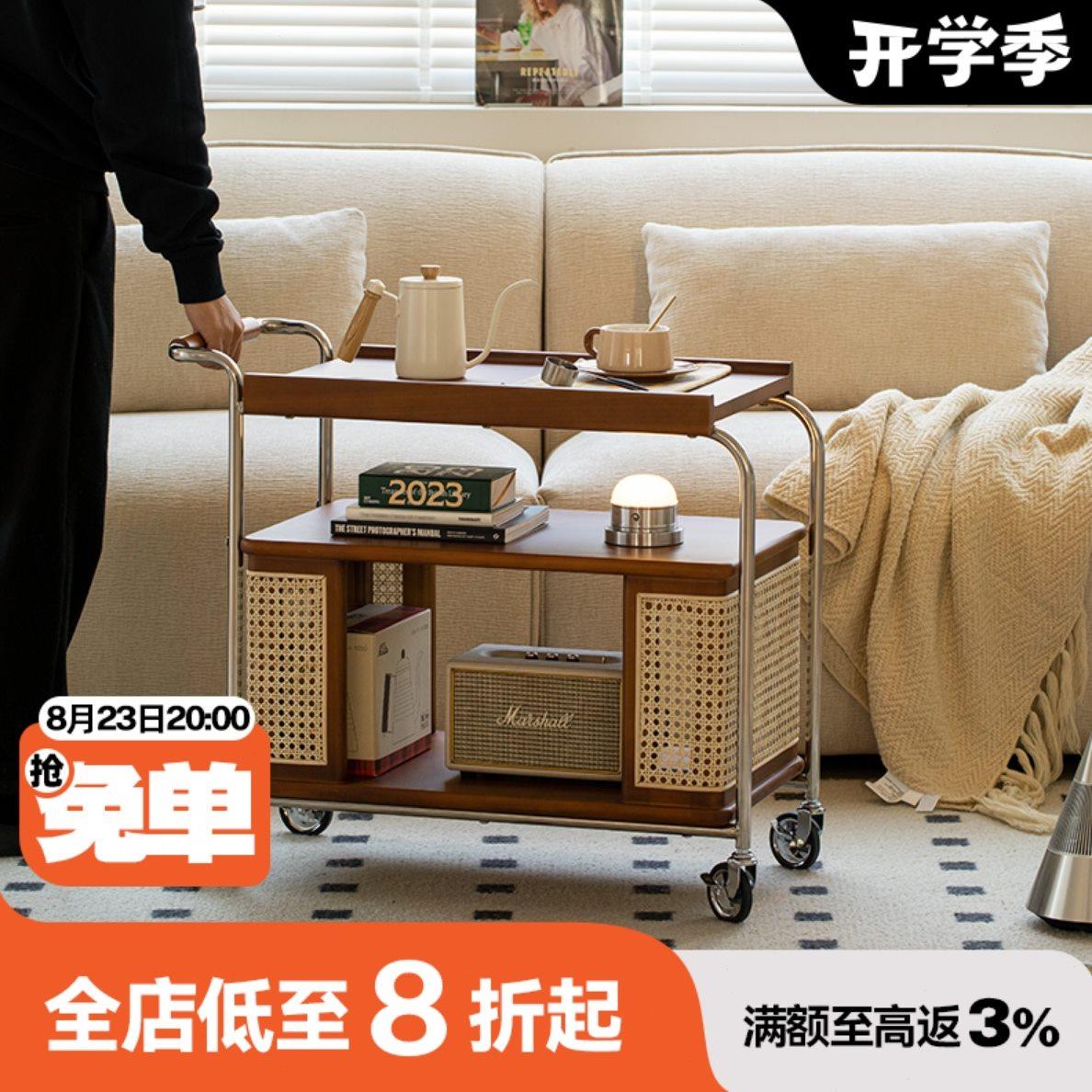森下林间 流光推车 可移动小茶几藤编实木边几复古角几沙发侧边柜