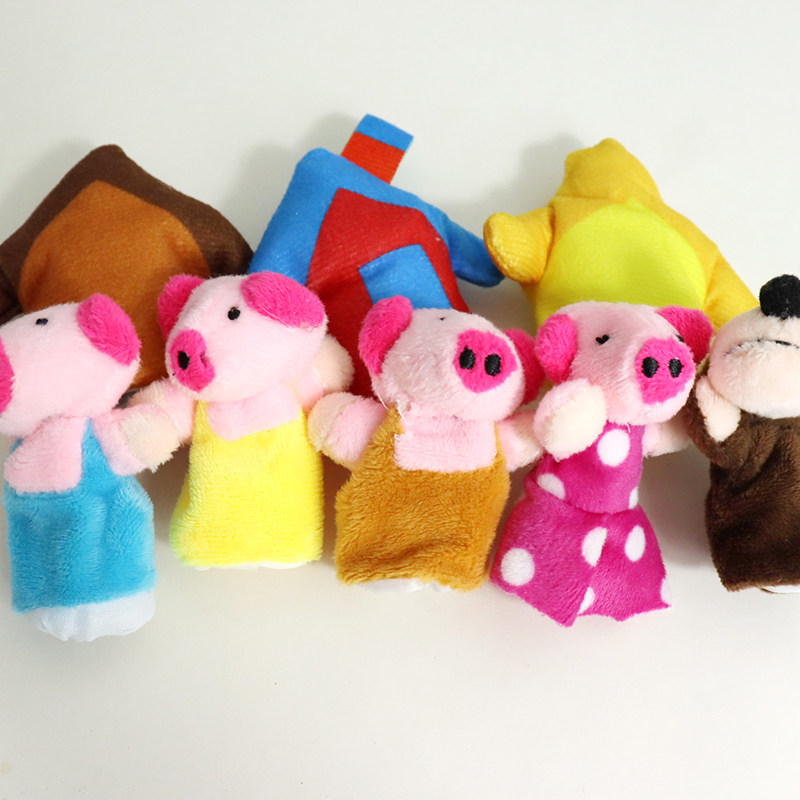 三只小猪手偶玩具英语绘本故事手指指偶儿童睡觉安抚毛绒玩偶教具