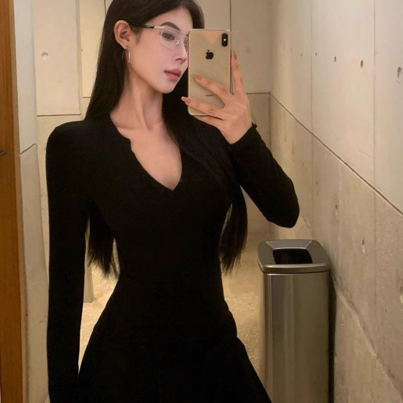 跨境德绒纯欲辣妹V领正肩长袖T恤女秋冬性感修身显瘦短款打底上衣