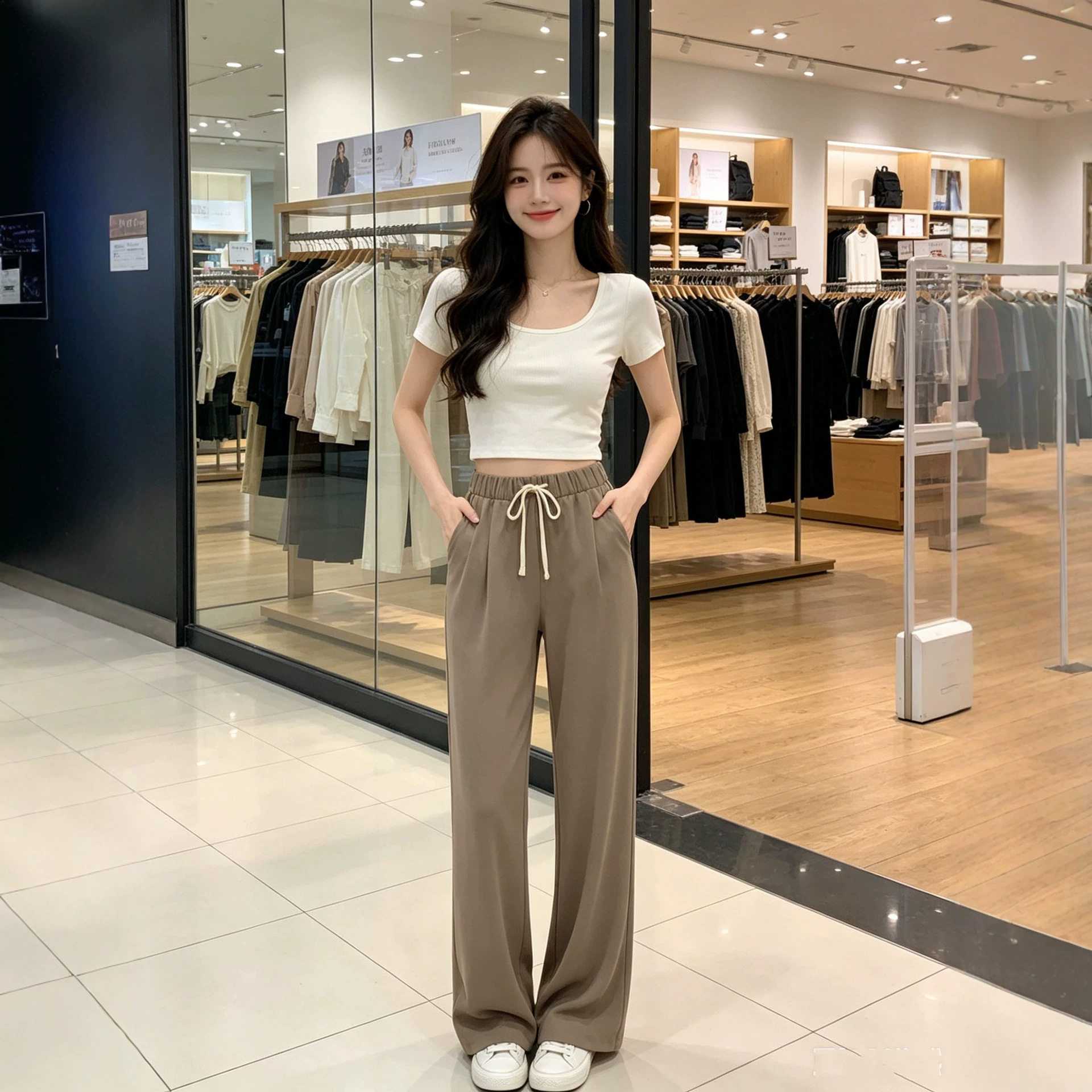 新品冰丝西装裤女松紧抽绳夏季薄款胖mm宽松垂感阔脚裤