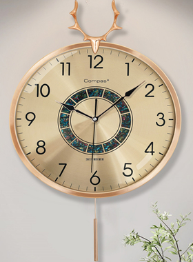 康巴丝金属摇摆挂钟新中式电波自动对时静音时尚现代客厅石英钟表