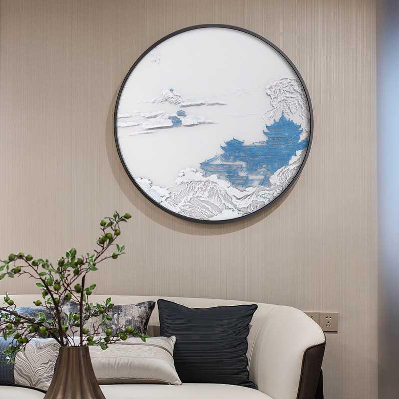 新中式复古建筑实物画丝绢立体肌理浮雕装饰画书房玄关圆形挂画图片