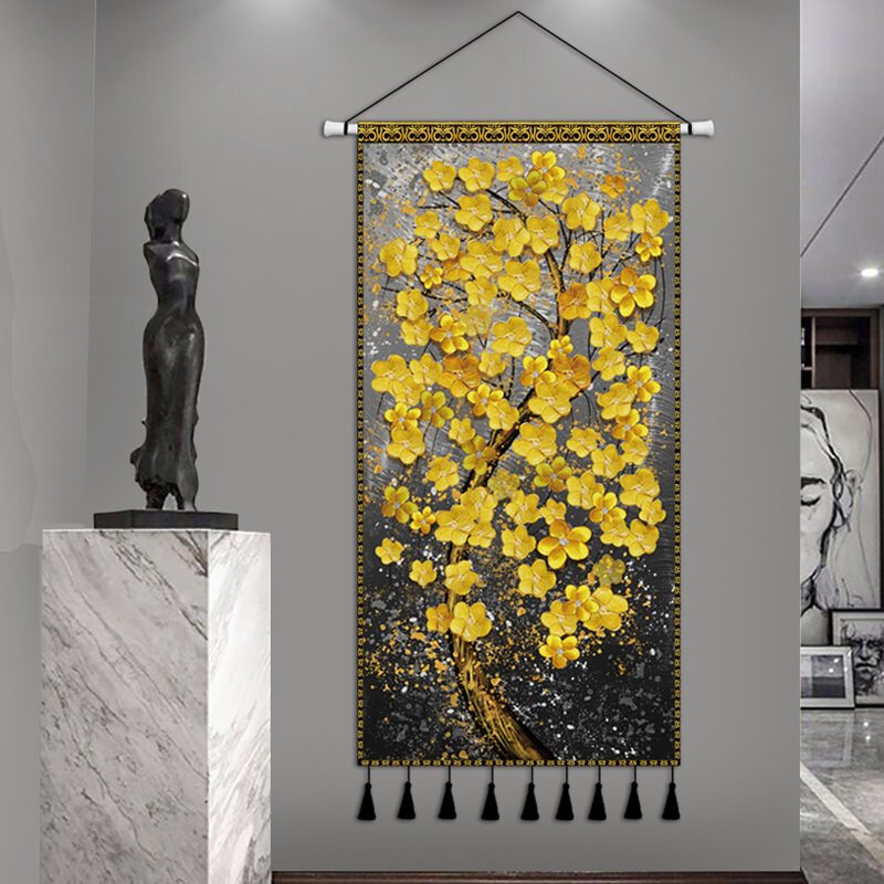 墙布挂布现代轻艺术奢挂毯客厅玄关走廊装饰画 画竖版发财树布艺