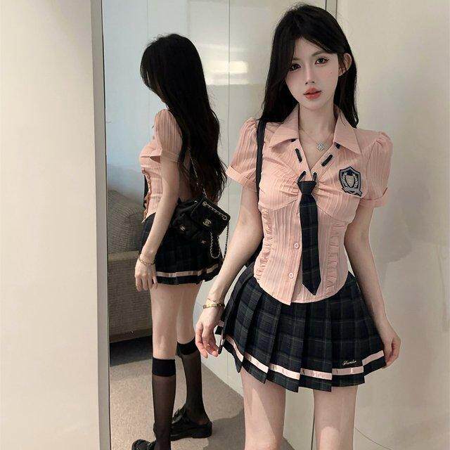 美式学院风jk制服时尚辣妹修身纯欲短袖领带衬衫格子百褶裙两件套