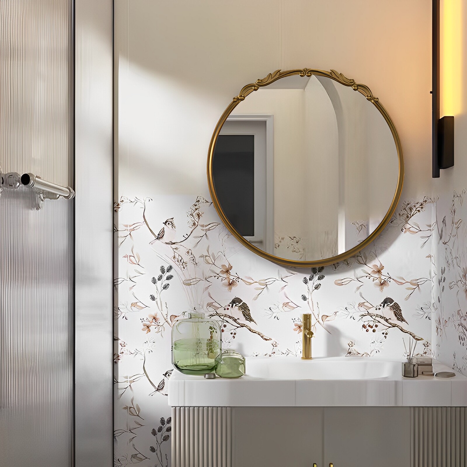 法式复古圆形智能浴室镜高级雕花壁挂化妆镜卫生间洗手台镜子定制