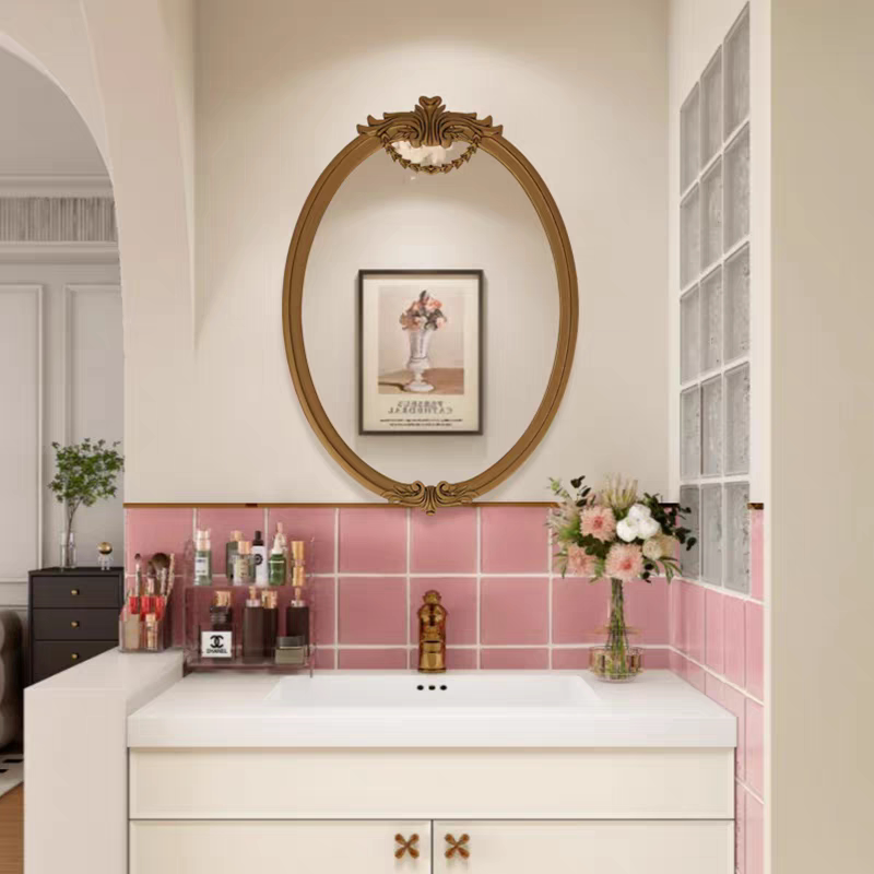 法式复古椭圆形智能浴室镜洗手台壁挂镜子高级雕花卧室化妆镜定制