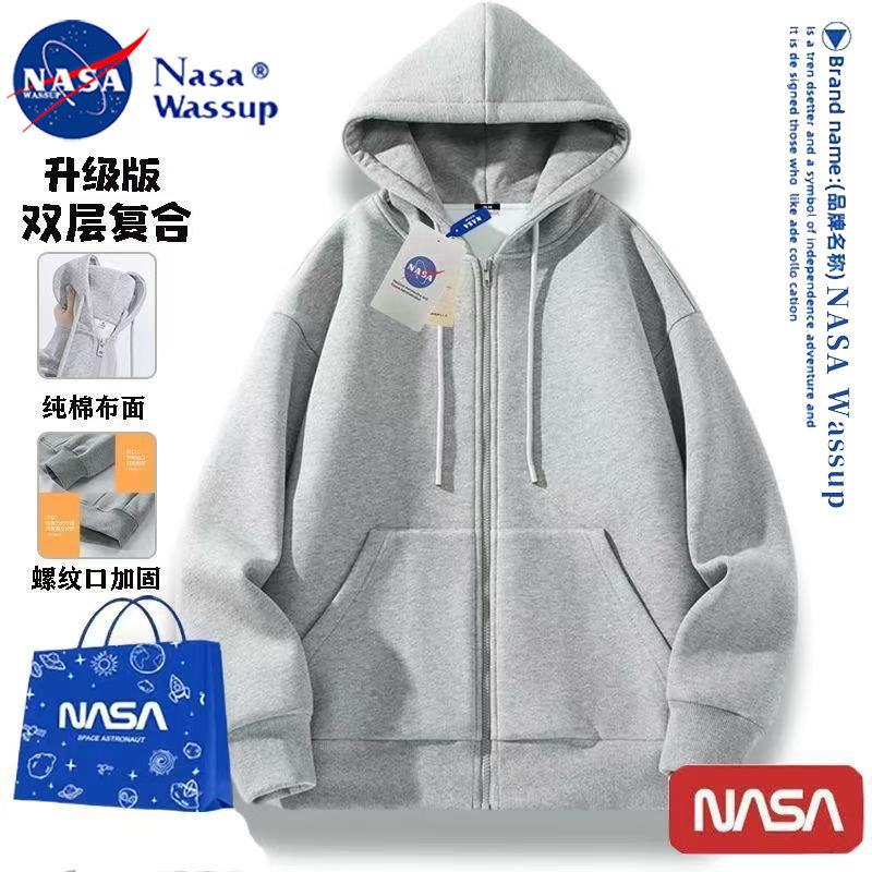 NASA重磅纯色拉链连帽开衫卫衣男女学生春秋款美式夹克运动外套