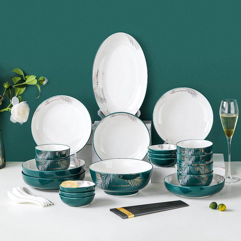 裕行 北欧陶瓷餐具碗碟套装饭碗家用轻组合祖母绿墨羽奢风网红ins,餐饮具,碗,淘宝优惠券,粉丝福利购,淘宝优惠卷