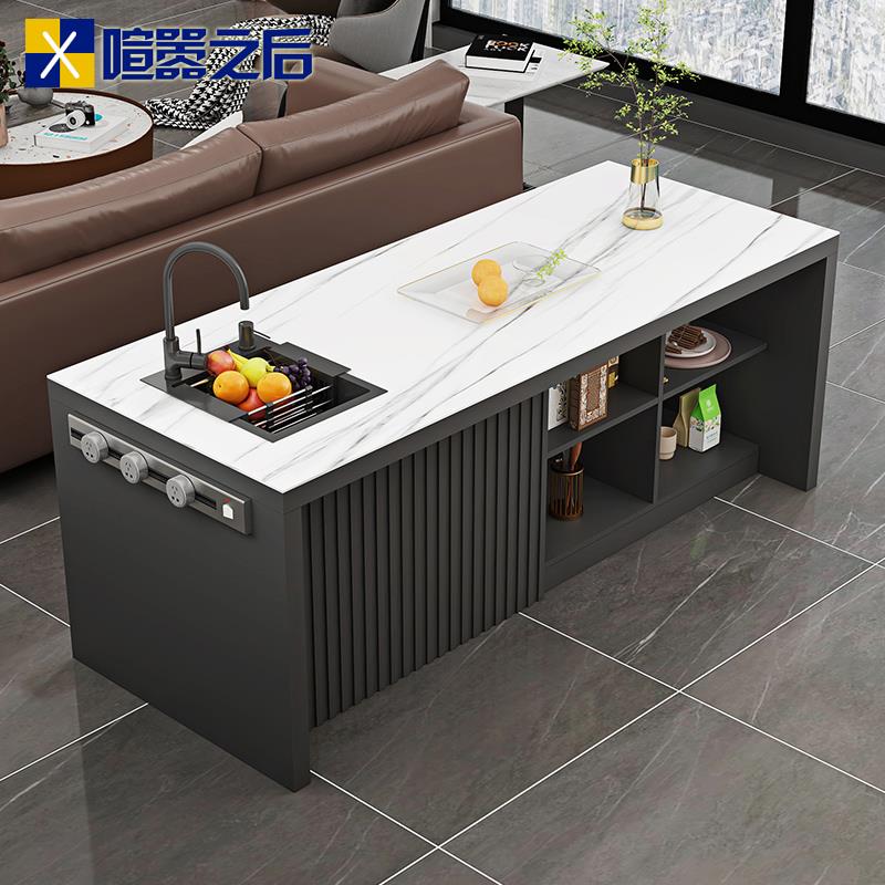 意式齐平中岛台岩板餐桌长方形一体家用轻奢小户型料理台吧台8E19