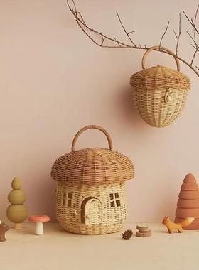 INS韩风藤编橡果手提篮子可翻盖蘑菇篮子拍照道具儿童房装饰摆件