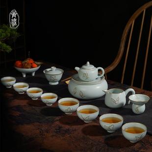 青澹汝窑功夫茶具套装 仿古宋代汝瓷原矿釉 家用陶瓷整套中式 礼盒装