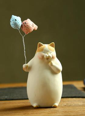 日式手作治愈可爱呆萌气球猫咪周边居家客厅桌面陶瓷装饰品小摆件
