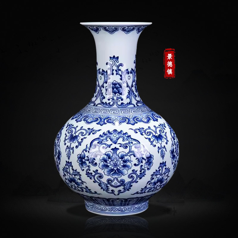 鼎祺景德镇瓷大师手工方瓶彷古缠枝青花瓷新中式办公室客厅摆件