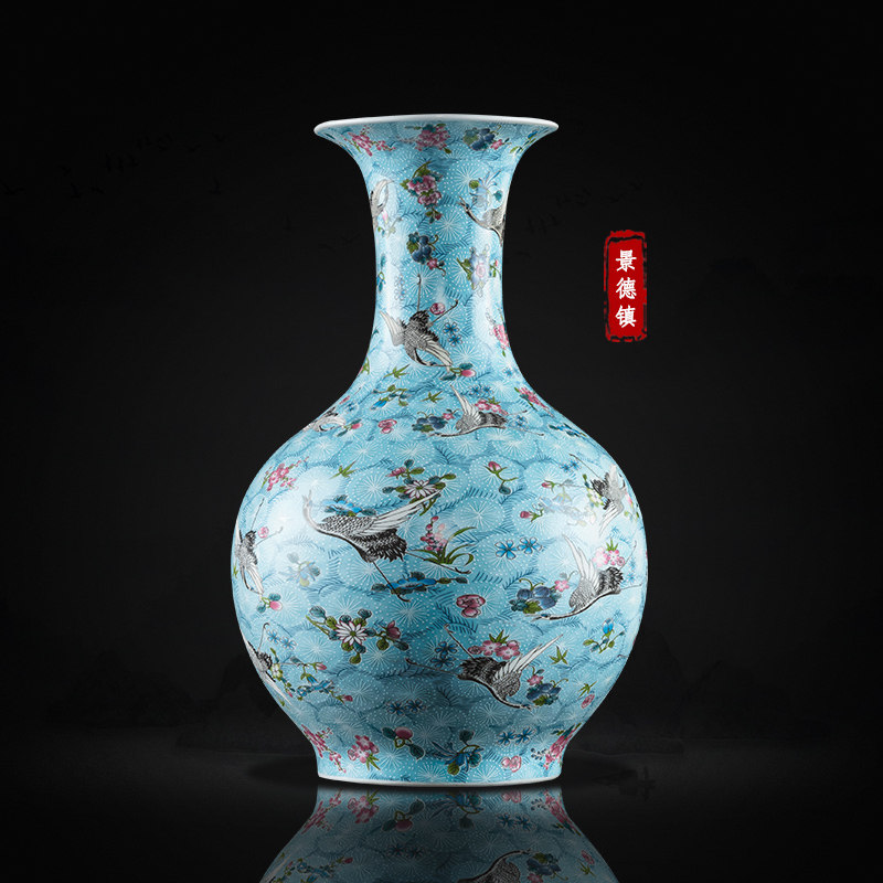 鼎祺景德镇瓷器彷古珐瑯彩蓝地飞鹤陶瓷大花瓶精品礼品新中式摆件