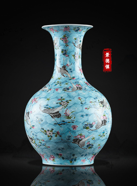 鼎祺景德镇瓷器仿古珐琅彩蓝地飞鹤陶瓷大花瓶精品家居新中式摆件