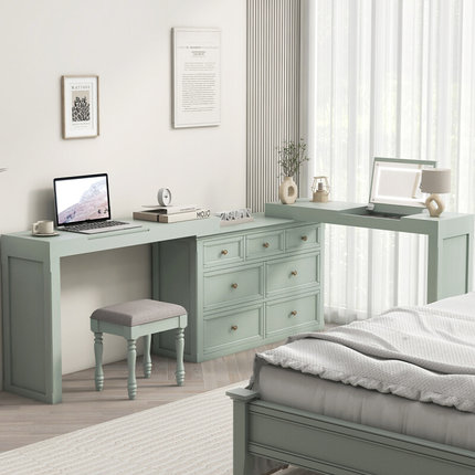 自观斗柜梳妆台一体日式卧室转角书桌L型床尾化妆台绿色床头柜子