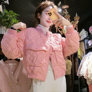 2024秋冬季菱格棉服短外套女立领时尚小个子粉色百搭时尚加厚棉衣