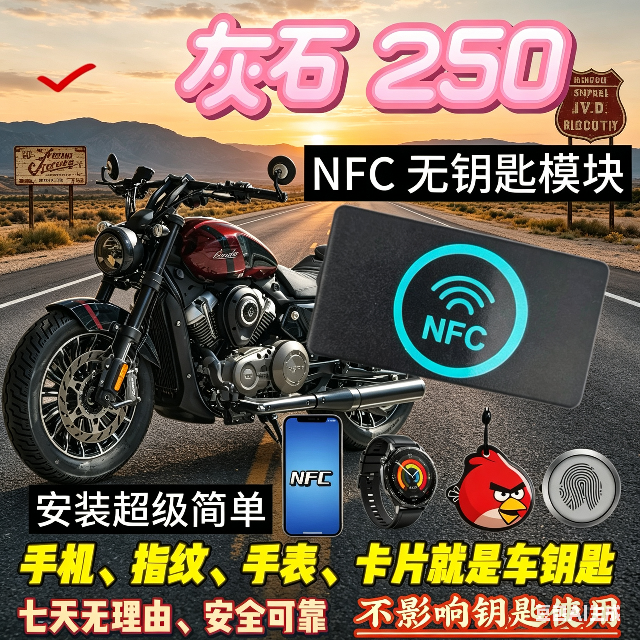 优雅格调!奔达灰石250专用NFC指纹钥匙 蓝牙无钥匙启动 巡航改装