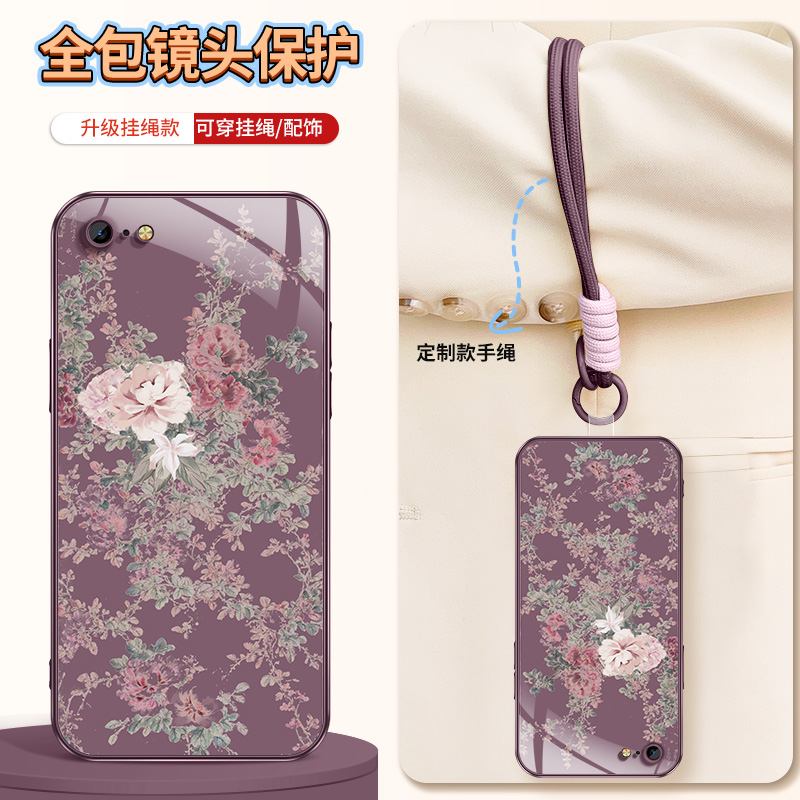 适用苹果6手机壳新款iphone6sPlus保护套硅胶6Plus软外壳苹果6s镜头带防摔后盖淡雅花朵男女潮牌挂绳金属漆网