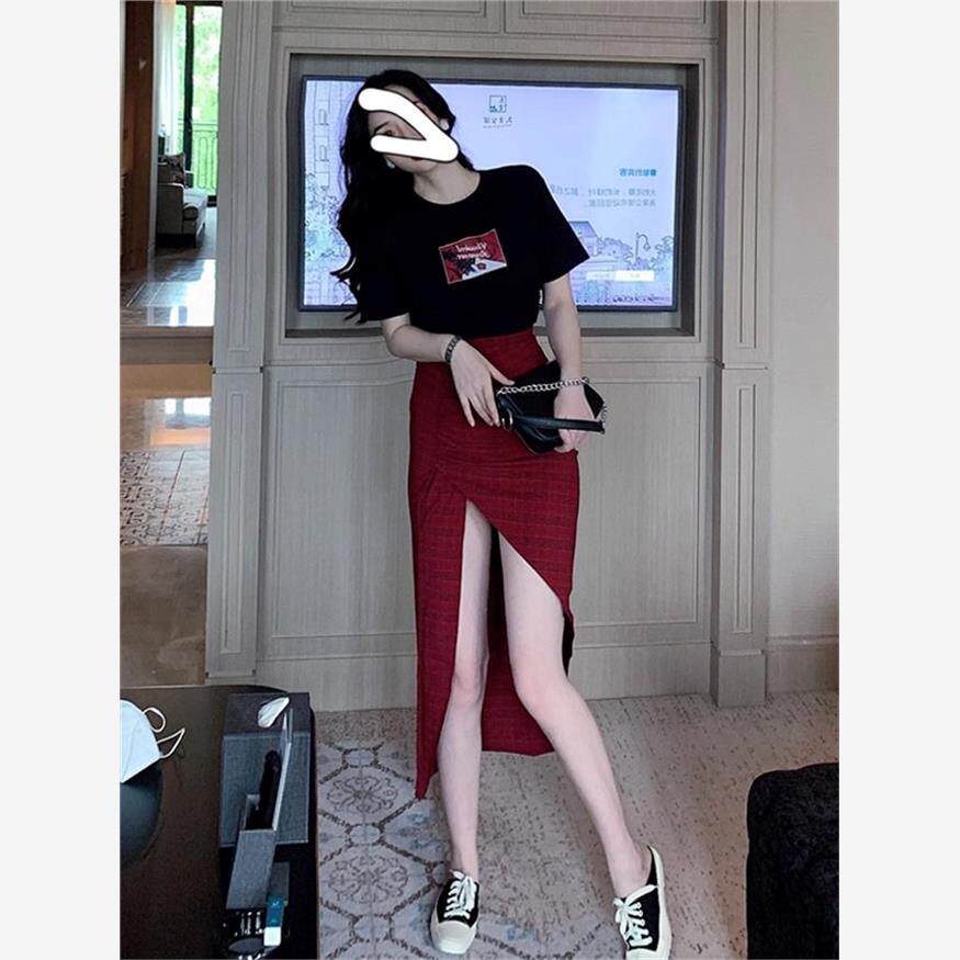 SUIT WOMENS SUMMER WOMENS NEW SHORT-SLEEVED PRINTED T-SHIRT + SLIT A-LINE SKIRT HIGH-WAISTED PLAID SKIRT TWO-PIECE SET