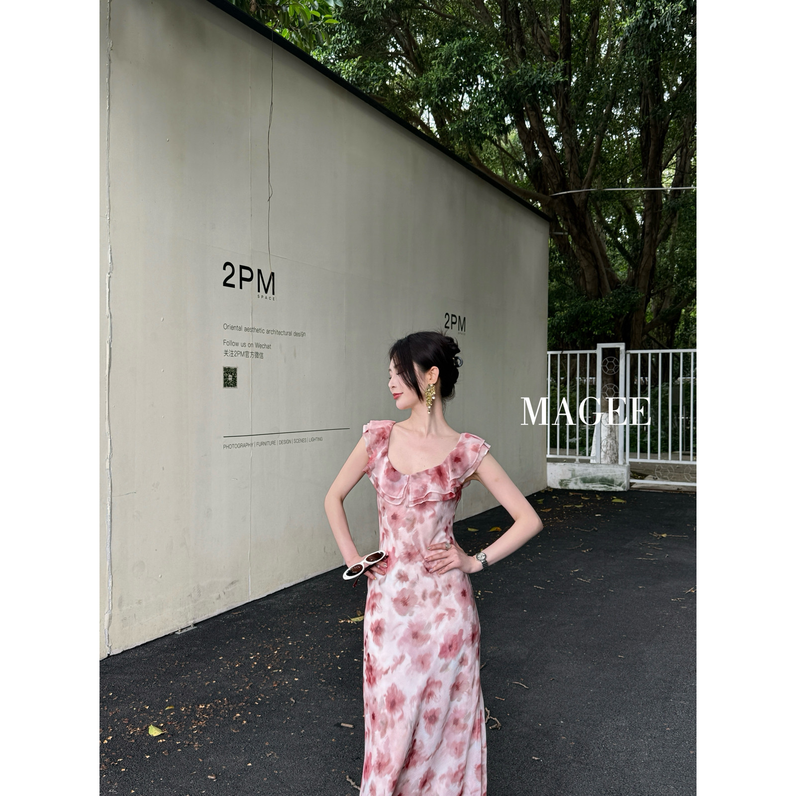 MAGEE麦淇-夏上新花色荷叶边修身斜裁长裙连衣裙Z