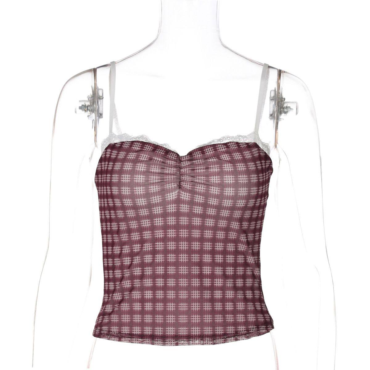 欧美ins风女装2025夏季新款格子印花蕾丝花边拼接吊带小背心上衣,女装/女士精品,抹胸,淘宝优惠券,粉丝福利购,淘宝优惠卷