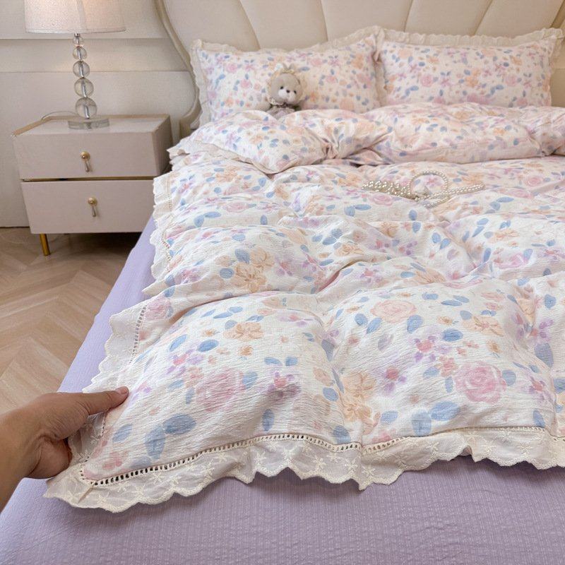 25新款双层纱床上四件套镂空花边被套学生宿舍床单三件套亲肤被罩,床上用品,床品套件/四件套/多件套,淘宝优惠券,粉丝福利购,淘宝优惠卷