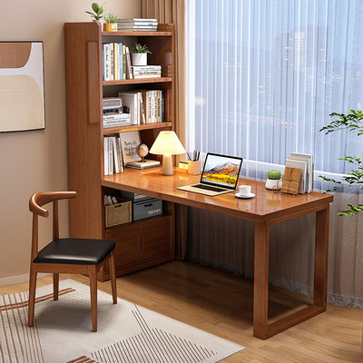 实木转角书桌书架一体初中学生家用卧室电脑桌书房现代简约办公桌